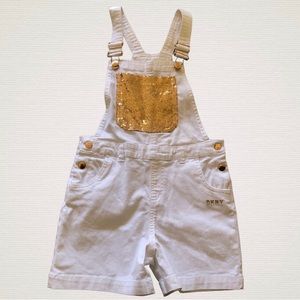 SOLD ON Ⓜ️ Never Worn DKNY White with Gold Sequins Denim Jean Overall Shorts.